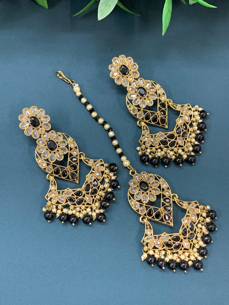 Max tikka set polki earring tikka antique gold / pearl /black