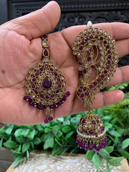 Jacklyn over the ear earring tikka jhumki sahare set purple