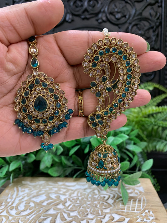 Jacklyn over the ear earring tikka jhumki sahare set peacock green teal