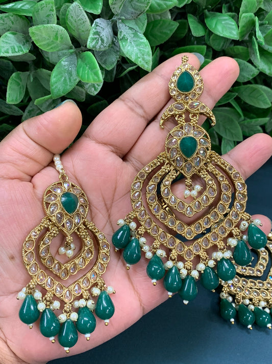 Tara polki Chandbali earring with matching tikka emerald green