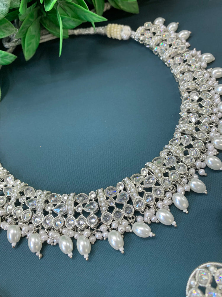 Allan polki necklace with jhumki tikka silver