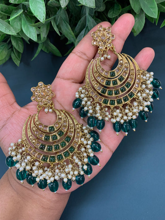 Bloom polki chandbali earring antique/ emerald green