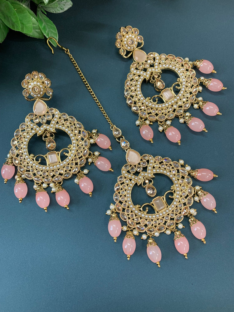 Nardali tikka set polki earring tikka set grapefruit pink