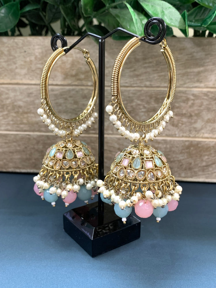 Shabana polki bali hoop jhumki/jhumka mint pink multi