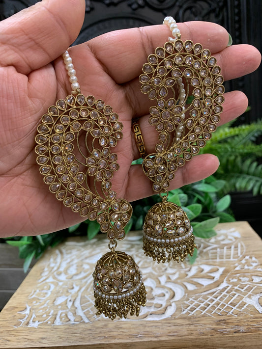 Jacklyn over the ear earring tikka jhumki sahare set gold antique