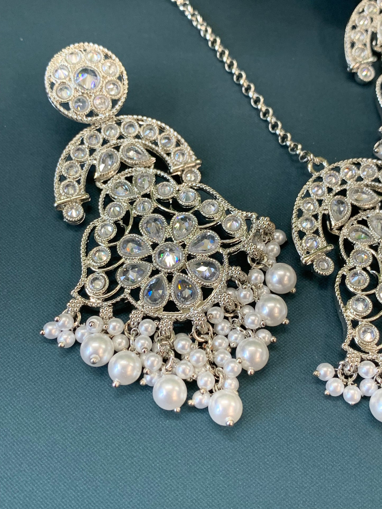 Enaya reverse popki tikka set chandbali style clear silver