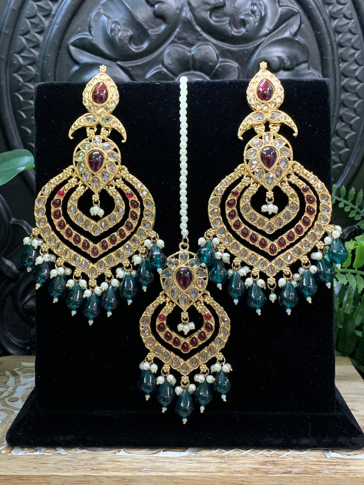 Tara polki Chandbali earring with matching tikka green red multi