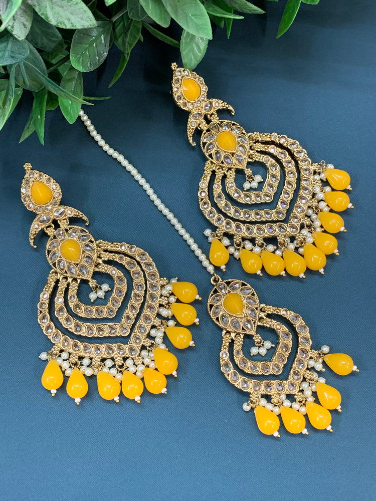 Tara polki Chandbali earring with matching tikka mustard yellow