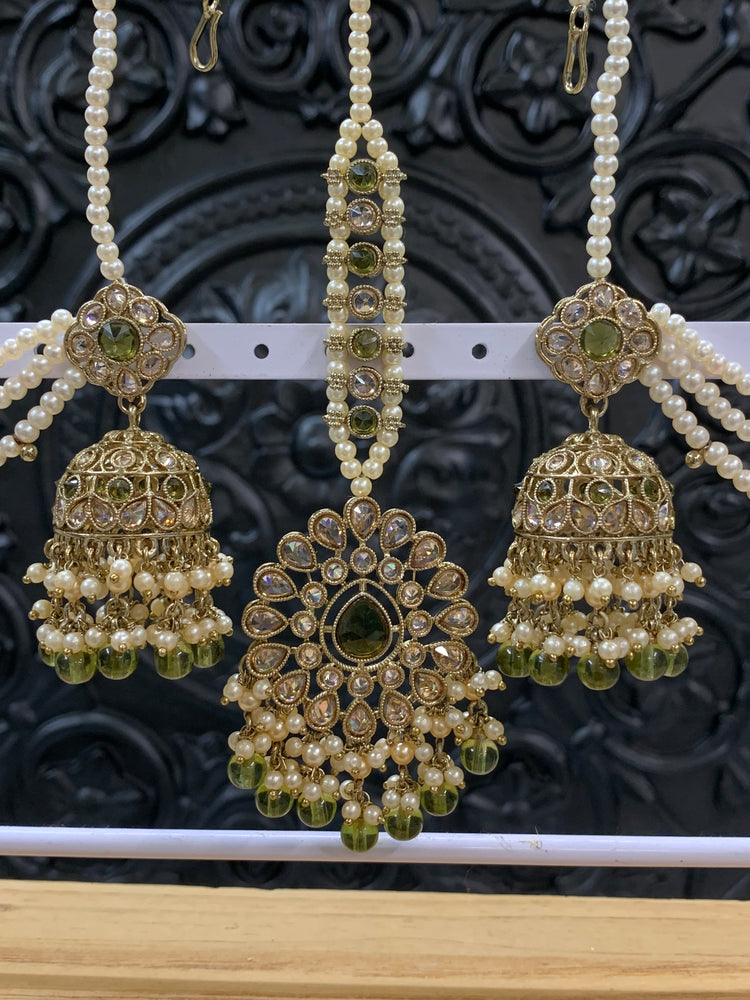 Shana triple layer bahubali sahare jhumki ear chain and matching tikka antique gold /olive green/mahendi green