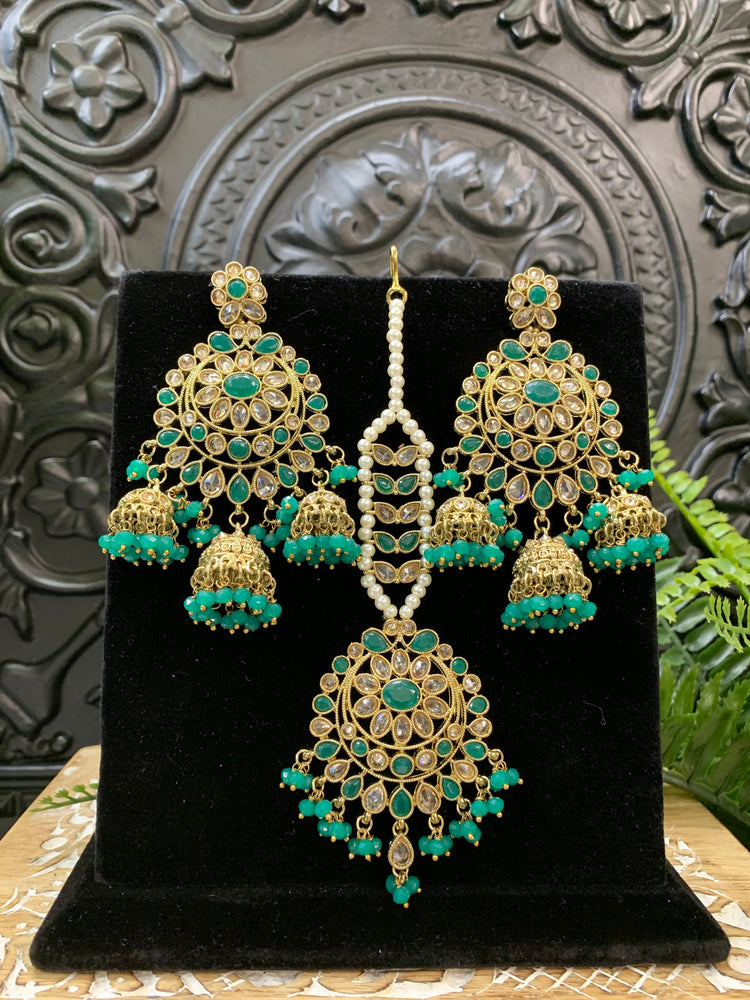 Kiana polki triple jhumki Chandbali style earring with matching tikka emerald green