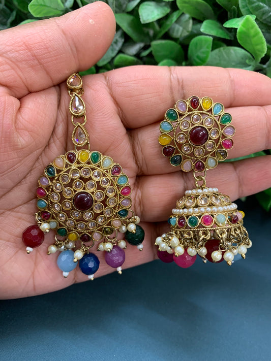 Antique polki gold jhumki tikka gold /pearl and multicolor stone details