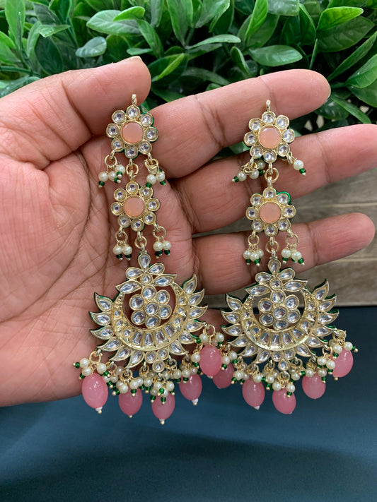 Aru kundan long statement earring grapfruit pink