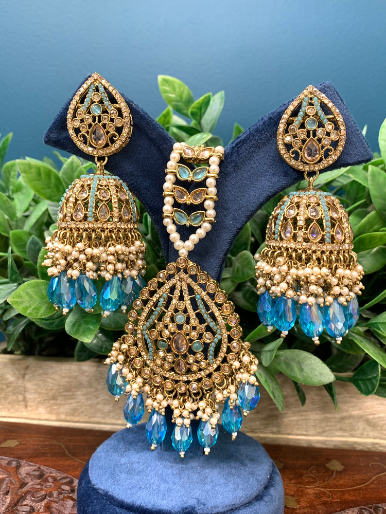 Savana Jhumka/ jhumki tikka set in antique / sky blue