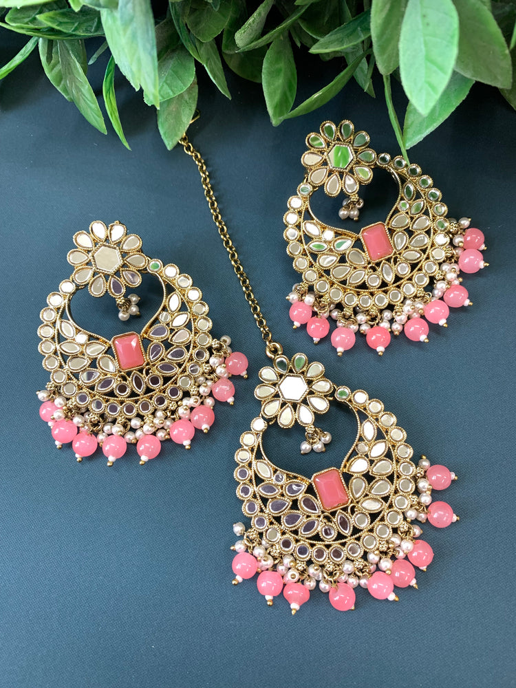 Judy chandbali mirror Tikka set onion pink