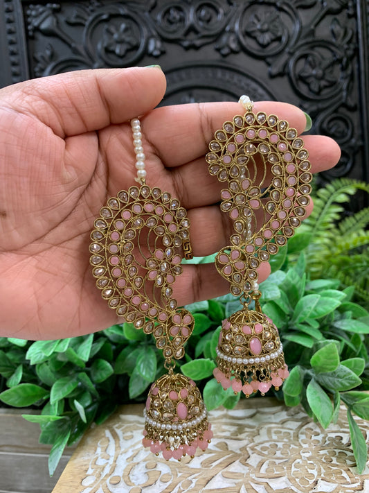 Jacklyn over the ear earring tikka jhumki sahare set pink