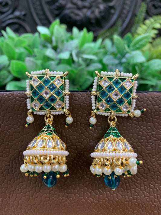 Saru kundan jhumki everyday wear small lightweight teal green