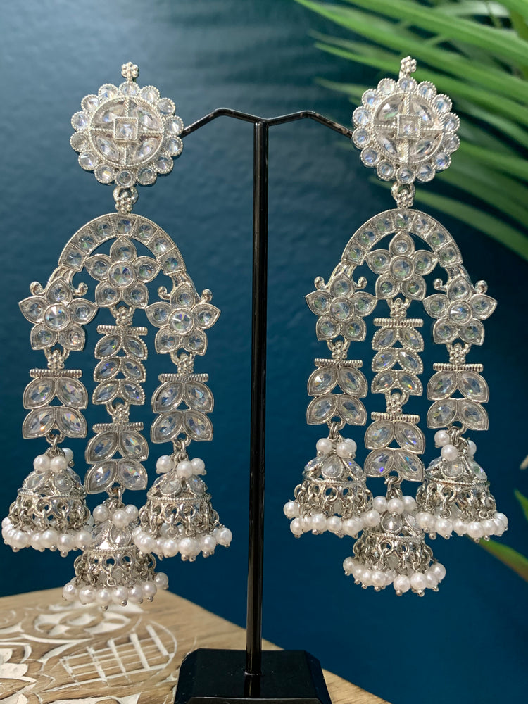 Mansa reverse polki triple Jhumki in silver