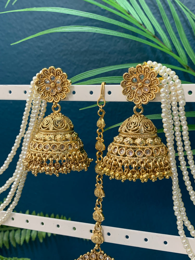 Bahubali style hold jhumki tikka with 5 layers of pearl Sahare Harini