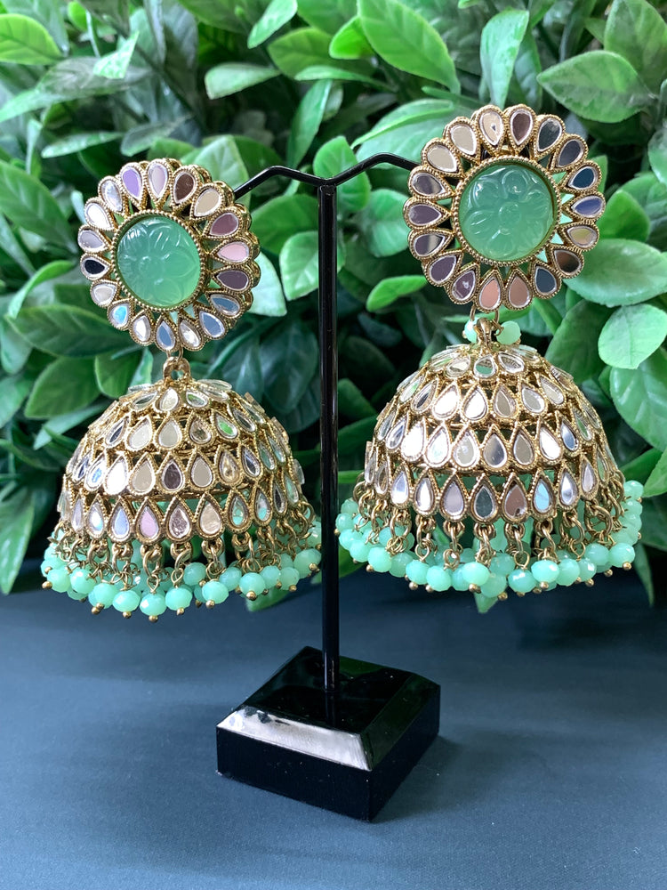 Romi mirror kundan jhumki/ jhumka earring pistachio green