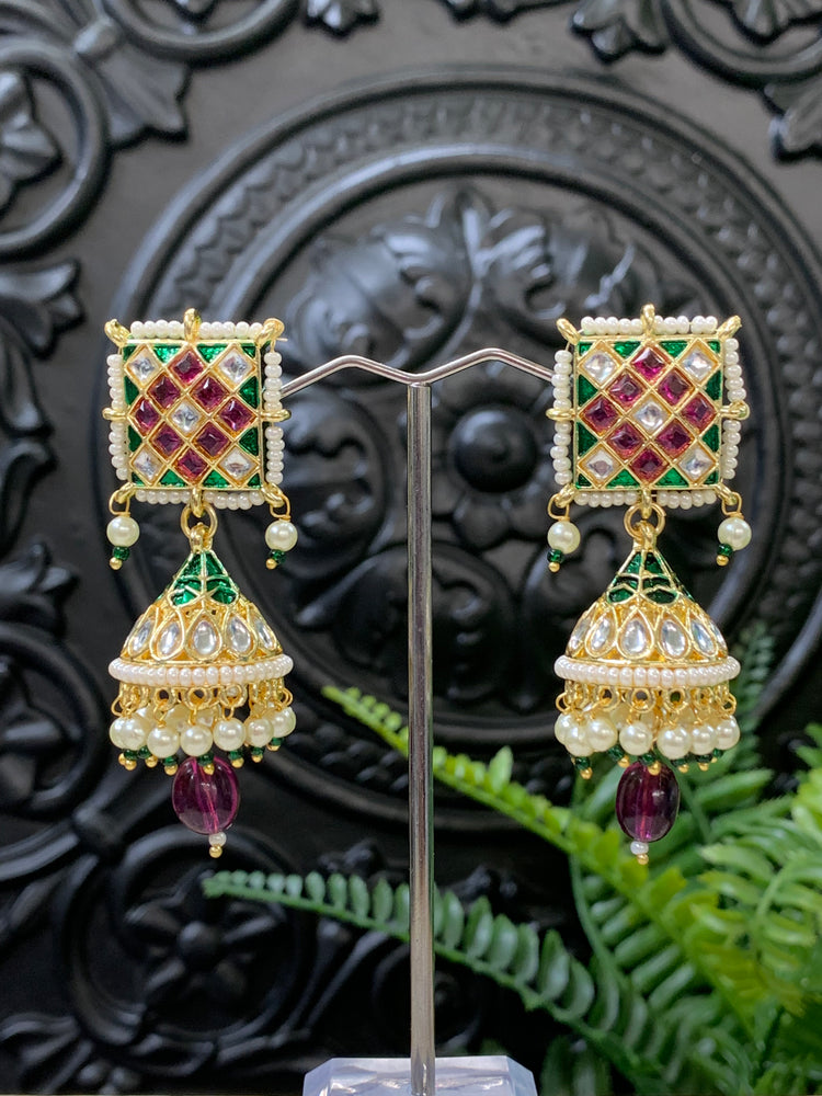 Saru kundan jhumki everyday wear small lightweight ruby red