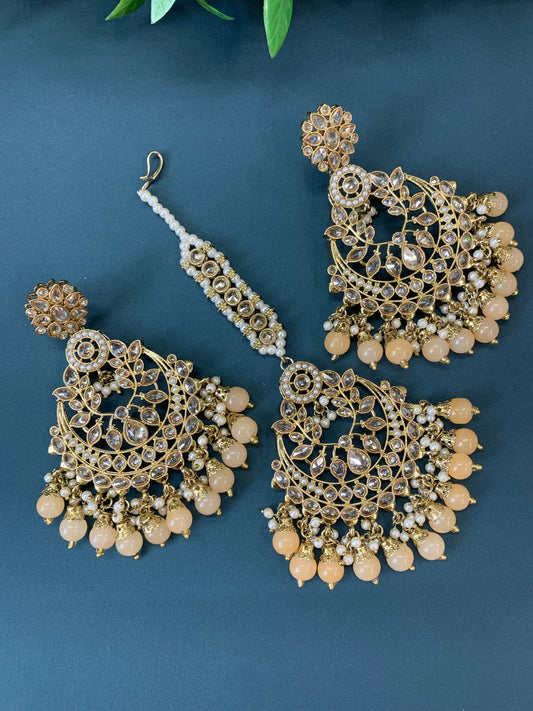 Bulbul polki statement earring tikka set antique gold/nude/peach