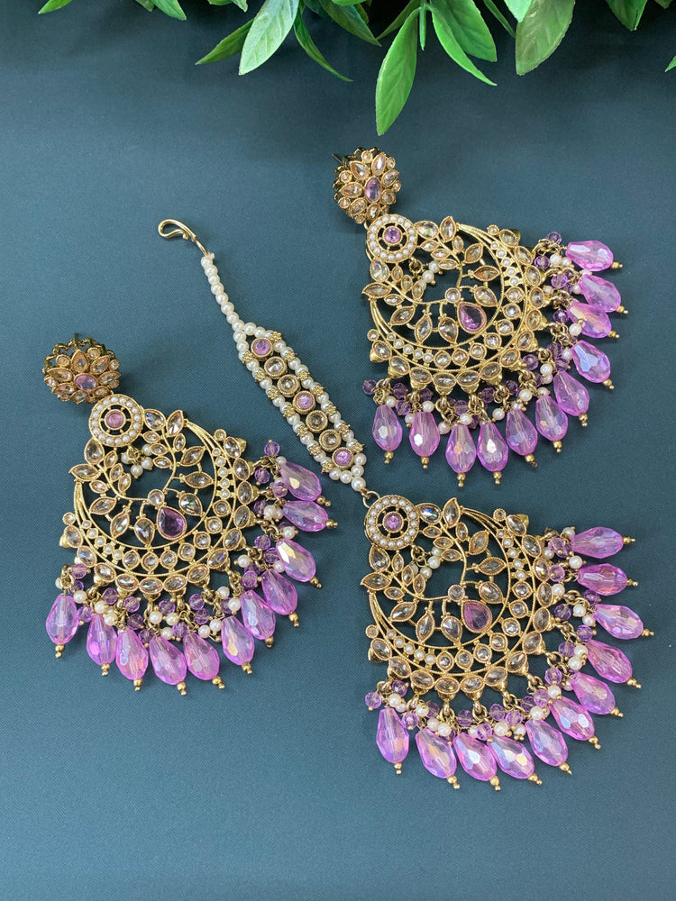 Bulbul polki statement earring tikka set antique gold/lavender / lilac