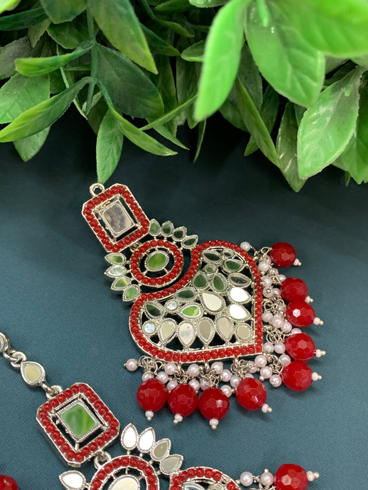 Amrita chandbali mirror earring tikka set red