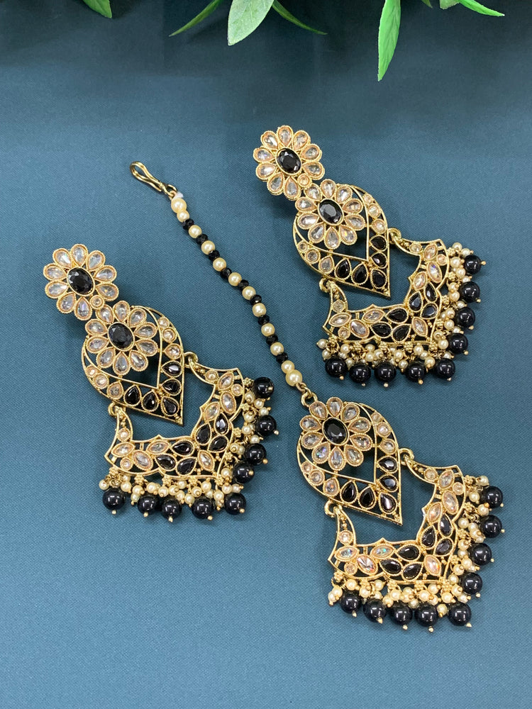 Max tikka set polki earring tikka antique gold / pearl /black