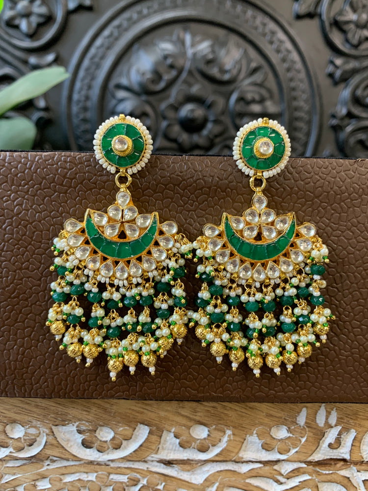 Leslie pachi Kundan chandbali earring small to medium size emerald green