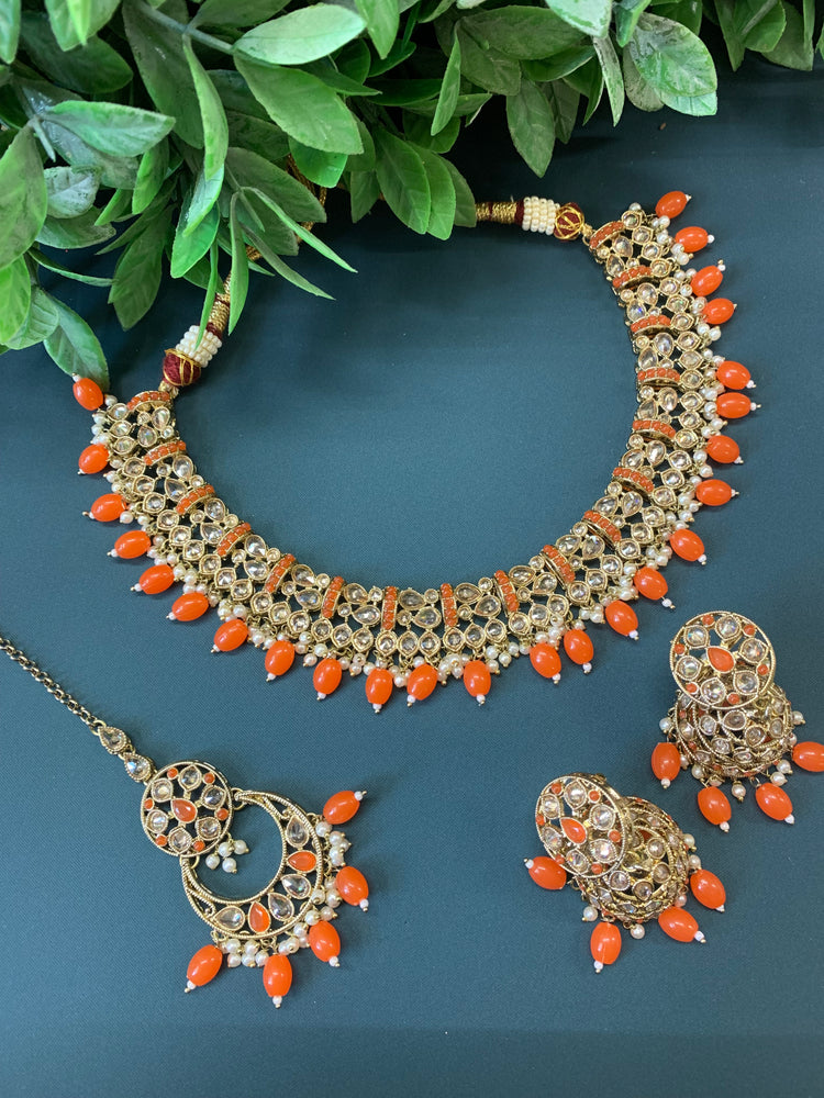 Allan polki necklace with jhumki tikka orange / Fanta orange