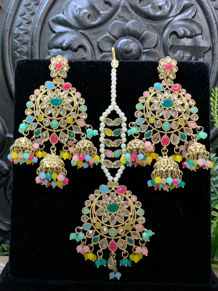 Kiana polki triple jhumki Chandbali style earring with matching tikka multi