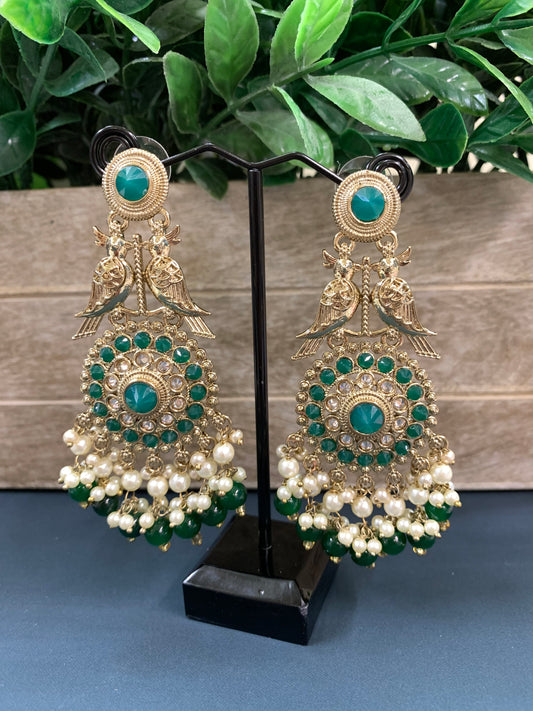 Ady polki fashion earring peacock design emerald green