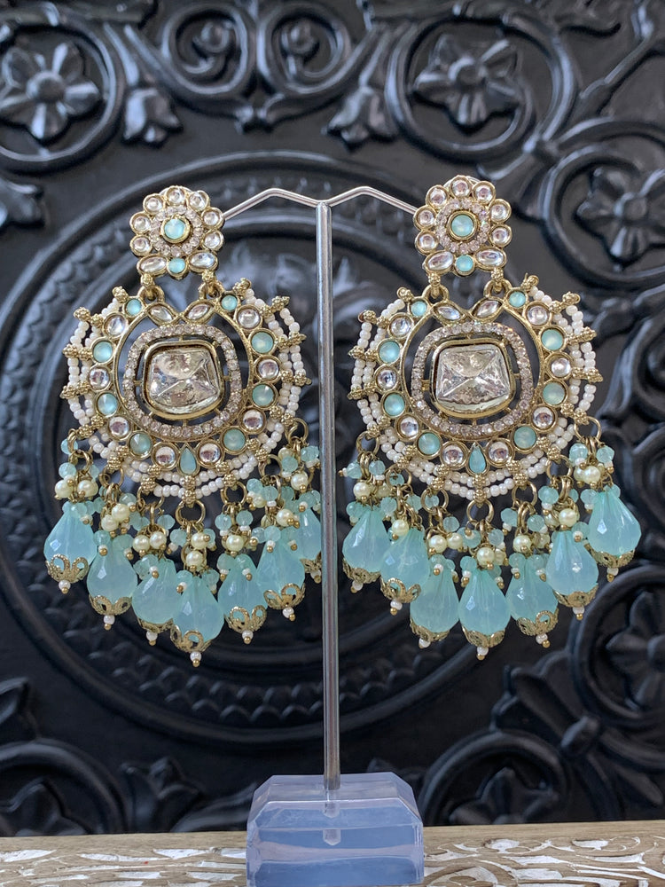 Isabella statement kundan chandbali fashion earring baby blue / sky blue / light blue