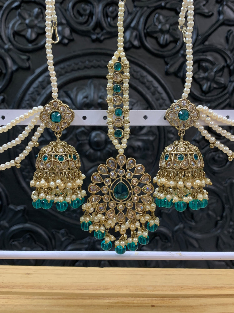 Shana triple layer bahubali sahare jhumki ear chain and matching tikka antique gold /peacock green