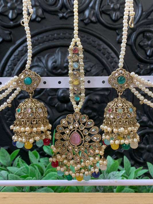 Shana triple layer bahubali sahare jhumki ear chain and matching tikka antique gold / multi