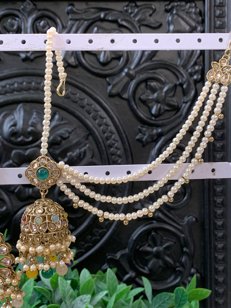 Shana triple layer bahubali sahare jhumki ear chain and matching tikka antique gold / multi