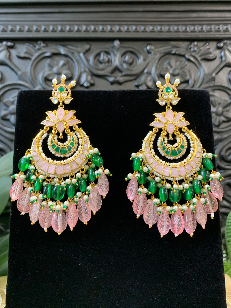 Shanti Pachi kundan earring in pastel pink and emerald green