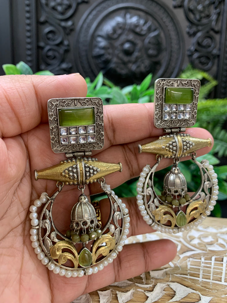 Taha dual tone chandbali style German silver earring olive mahendi