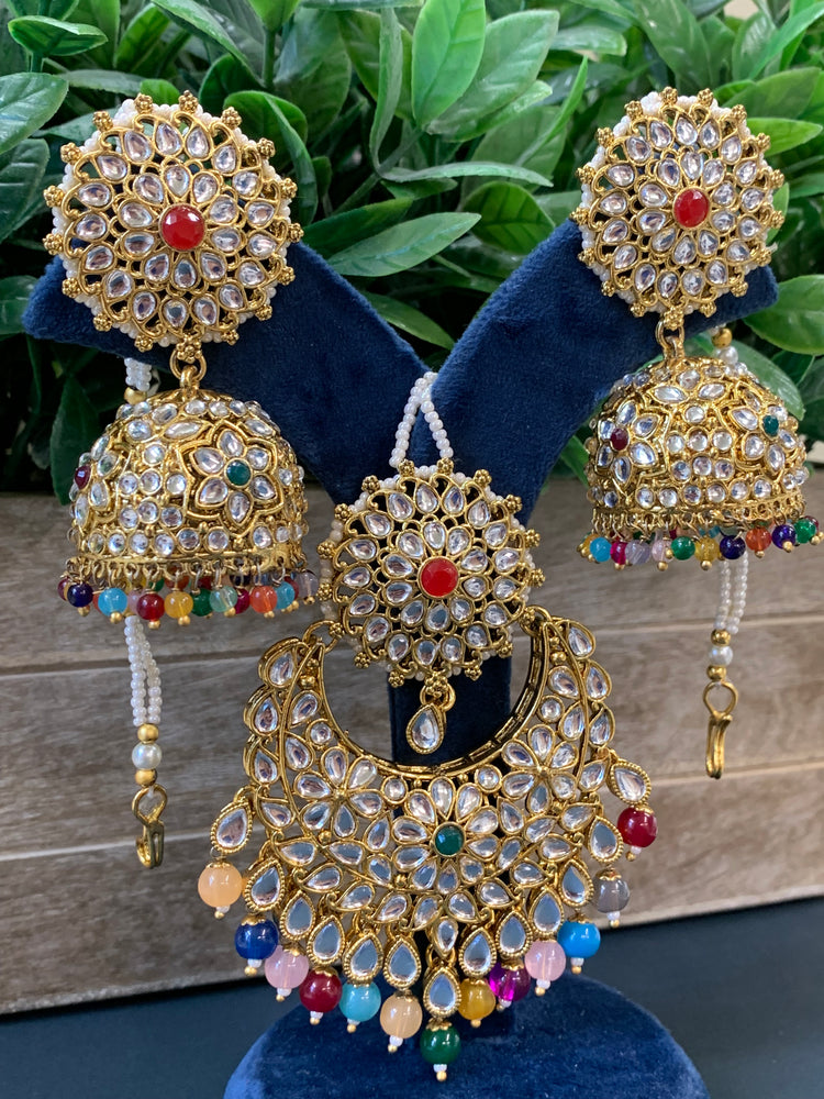 Zia traditional kundan jhumki with sahare and matching oversized tikka gold/multi