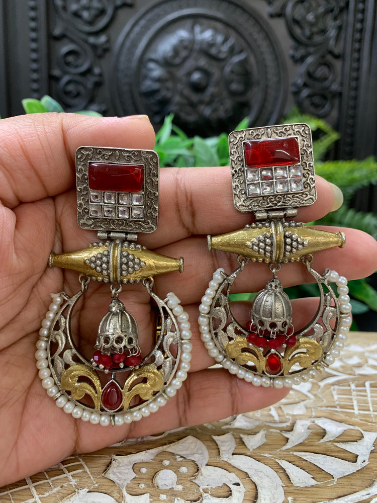 Taha dual tone chandbali style German silver earring cherry red