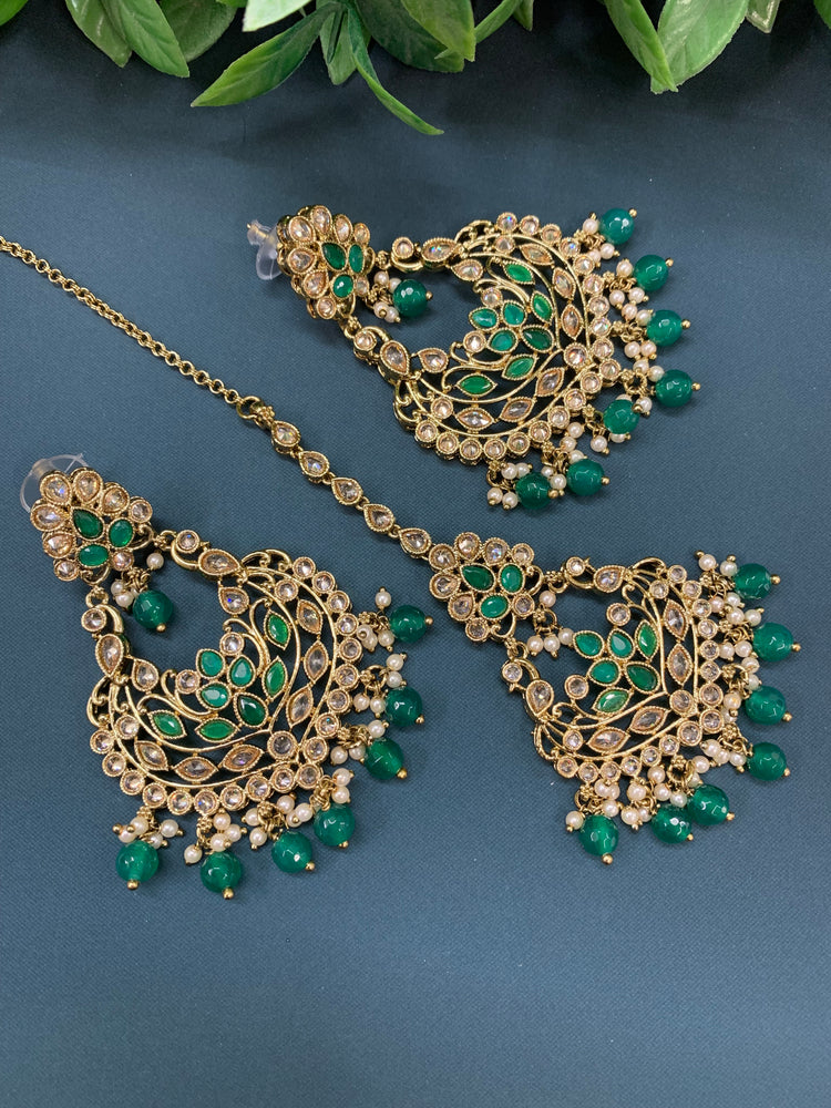 Raina reverse polki earring tikka set with pearl and emerald green glass drop