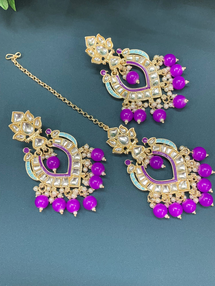 Amber kundan light weight earring tikka set purple