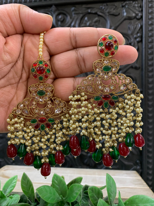 Cara statement polki earring tikka set pearl details and red green multi