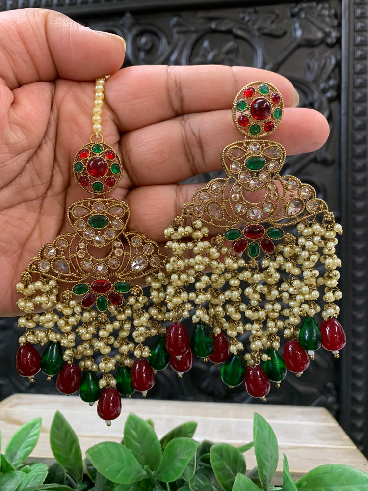 Cara statement polki earring tikka set pearl details and red green multi