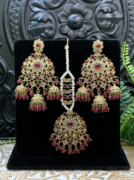 Kiana polki triple jhumki Chandbali style earring with matching tikka maroon red burgundy