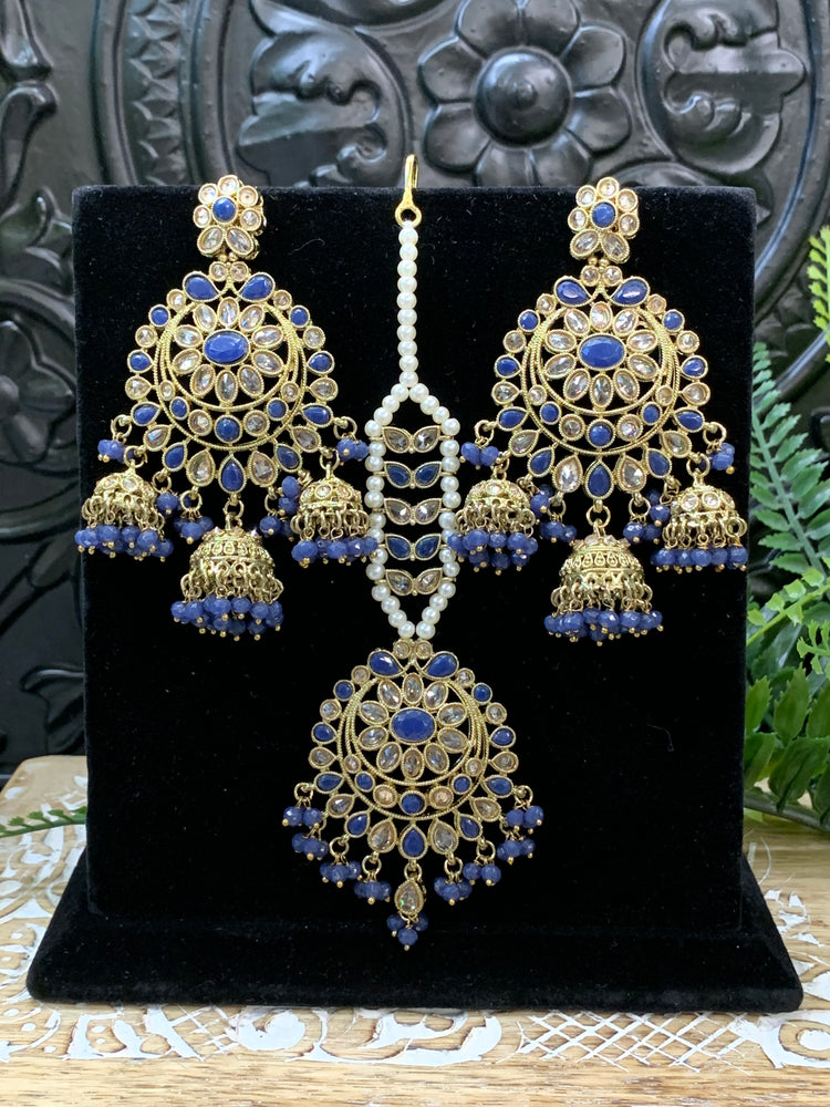 Kiana polki triple jhumki Chandbali style earring with matching tikka dark blue