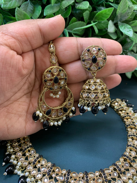 Allan polki necklace with jhumki tikka black