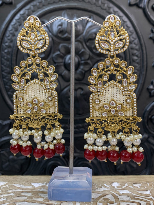 Alexa kundan statement earring white/gold/pearl/maroon burgundy red