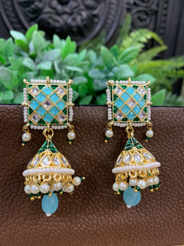 Saru kundan jhumki everyday wear small lightweight light blue