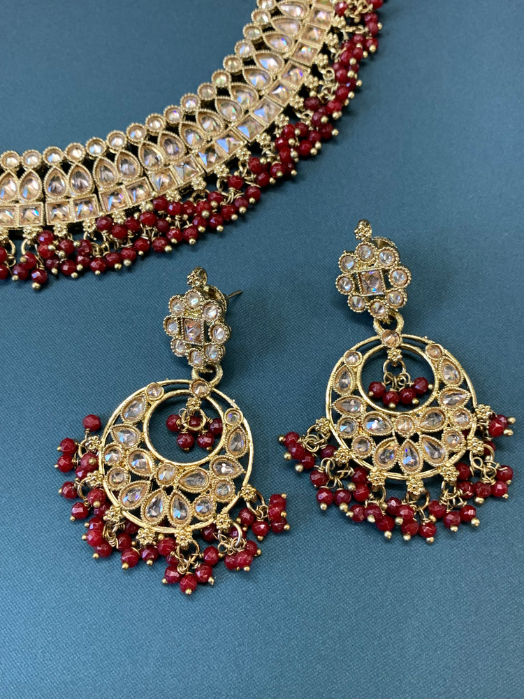 Rashmeet polki necklace with matching earring tikka antique gold red maroon burgundy